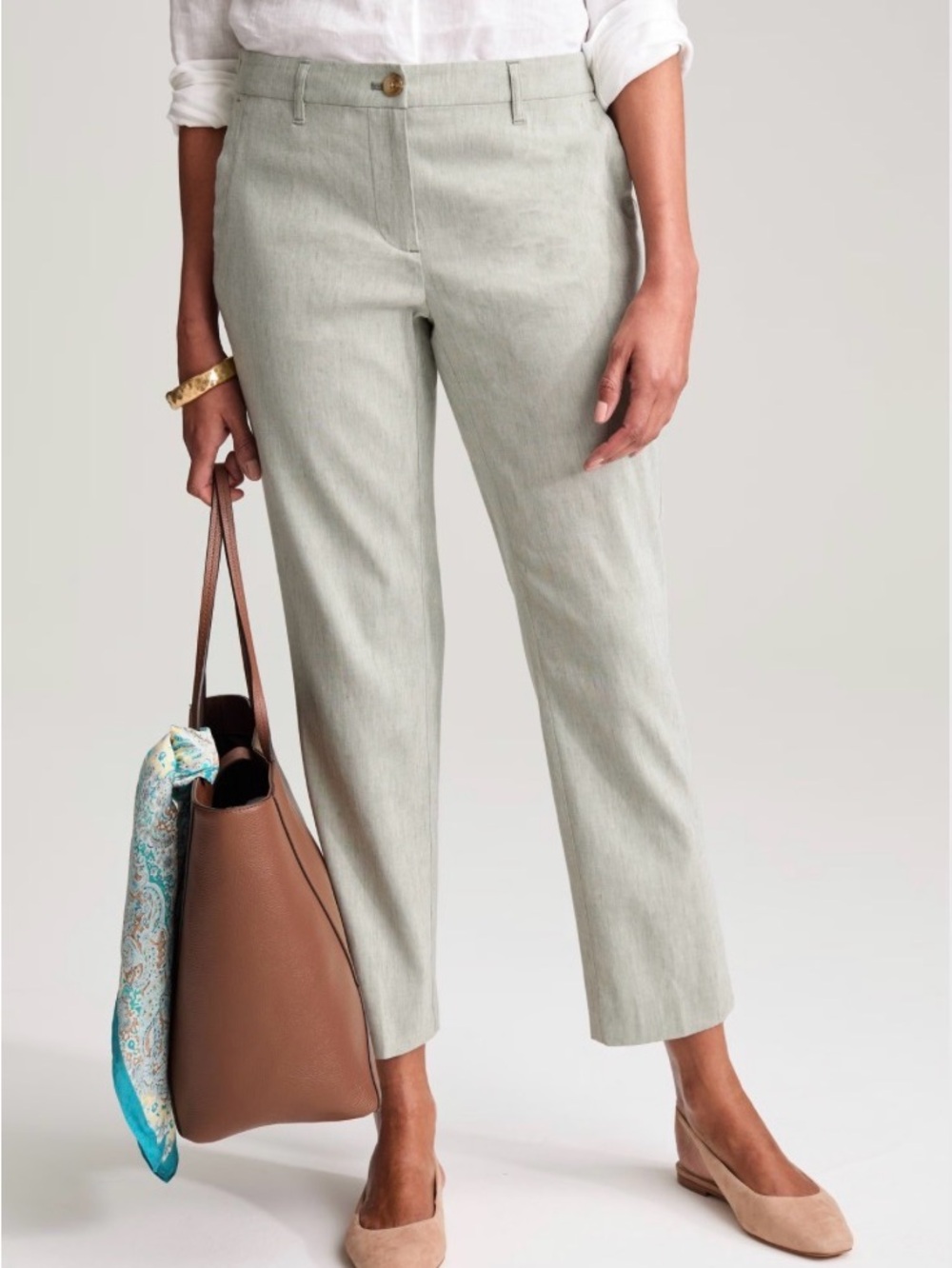 J. Jill Olivine/White Linen-Stretch Slim-Leg Pants